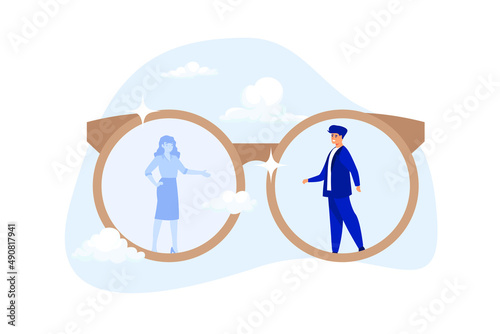 Gender bias, sexism inequality in workplace and social, prejudice, stereotyping, or discrimination against women concept, eyeglasses with clear vision on businessman and unclear blurry vision on woman