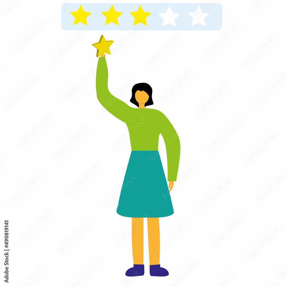 
girl holds a star, giving five stars feedback, leaves positive feedback, consumer feedback, cartoon illustration, flat design style