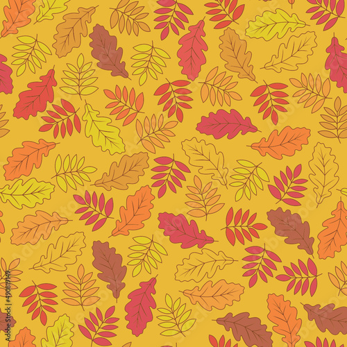 Autumn vector seamless pattern - fallen leaves on a orange  background
