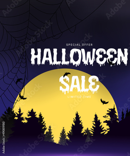 Happy Halloween, Shop Now poster Template on blue Background with bat and spi...