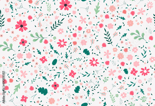 Cute colorful texture with flowes, leaves and plants. Illustration with natural elements. Brand new Pattern for your business