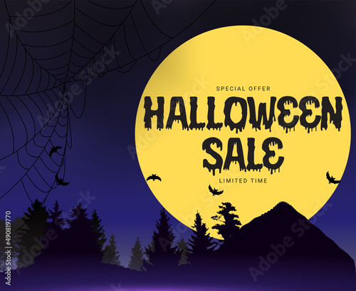 Happy Halloween, Shop Now poster Template on blue Background with bat and spi...