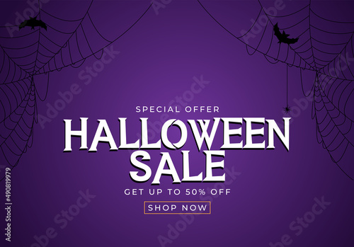 Purple Happy Halloween, Shop Now poster Template Background with bat and spid...