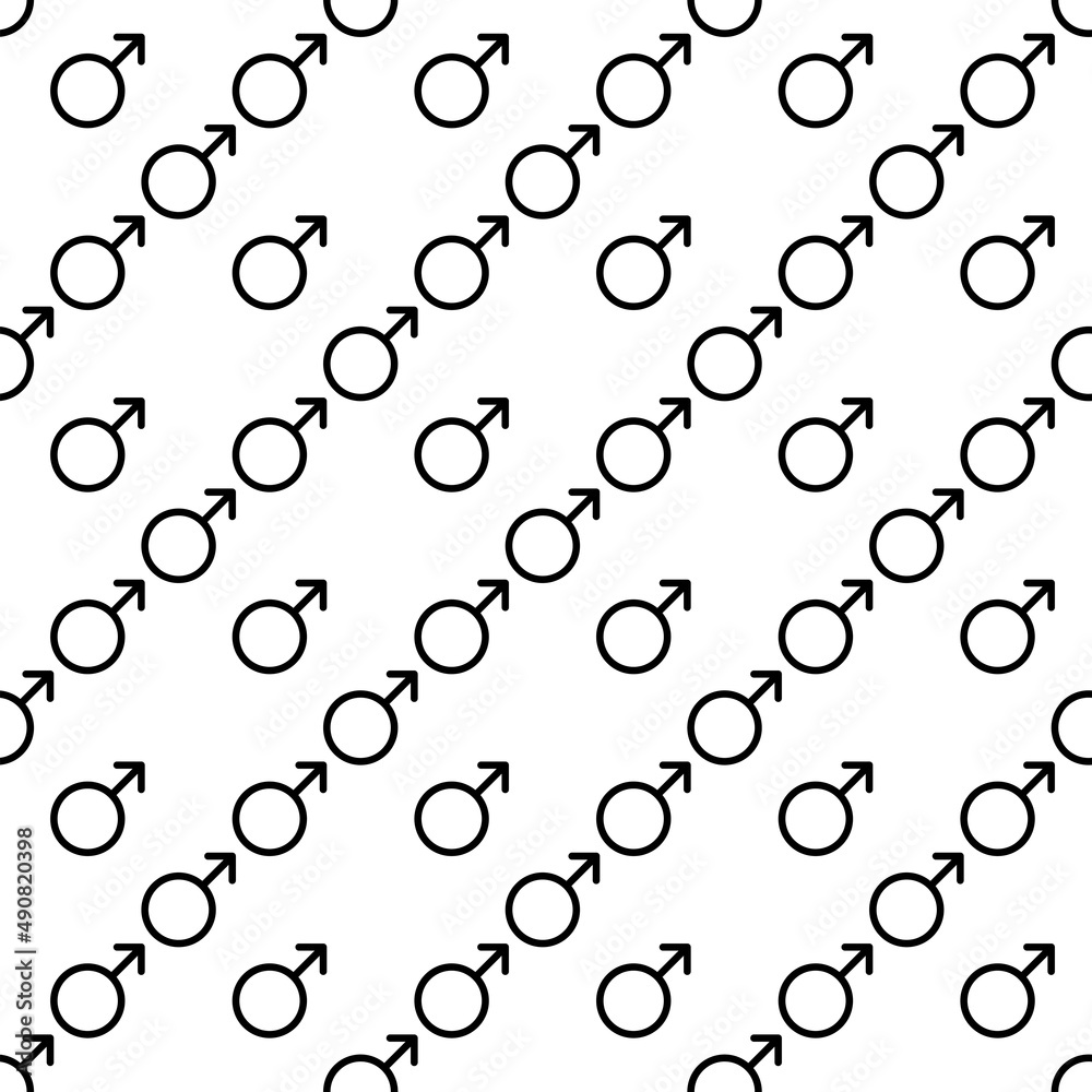 Black Male sign. Circle with an arrow. Belonging to the masculine gender. Seamless pattern. Illustration.