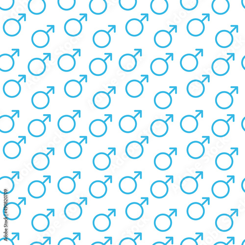 Blue Male sign. Circle with an arrow. Belonging to the masculine gender. Seamless pattern. Illustration.