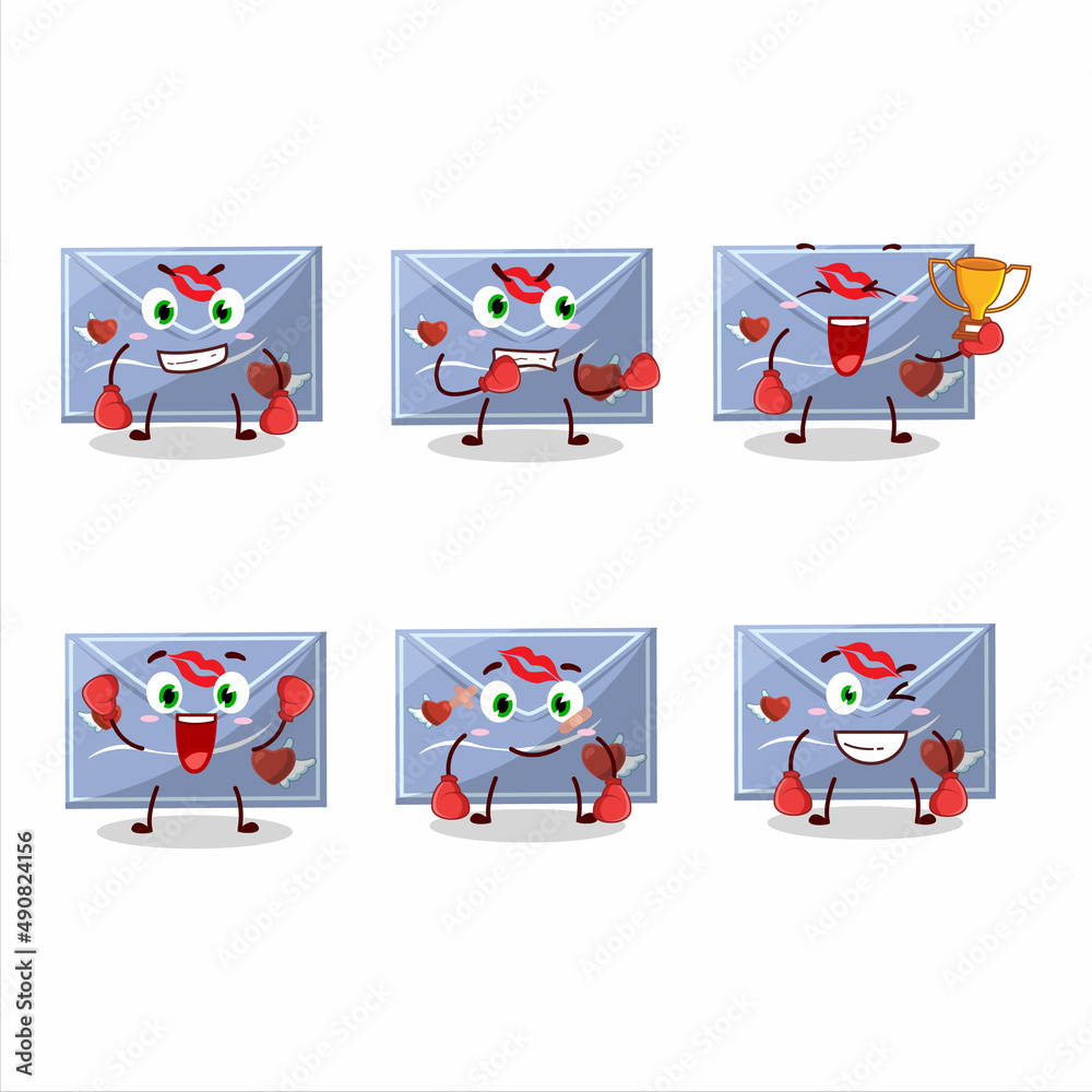 Fototapeta premium A sporty blue love envelope boxing athlete cartoon mascot design