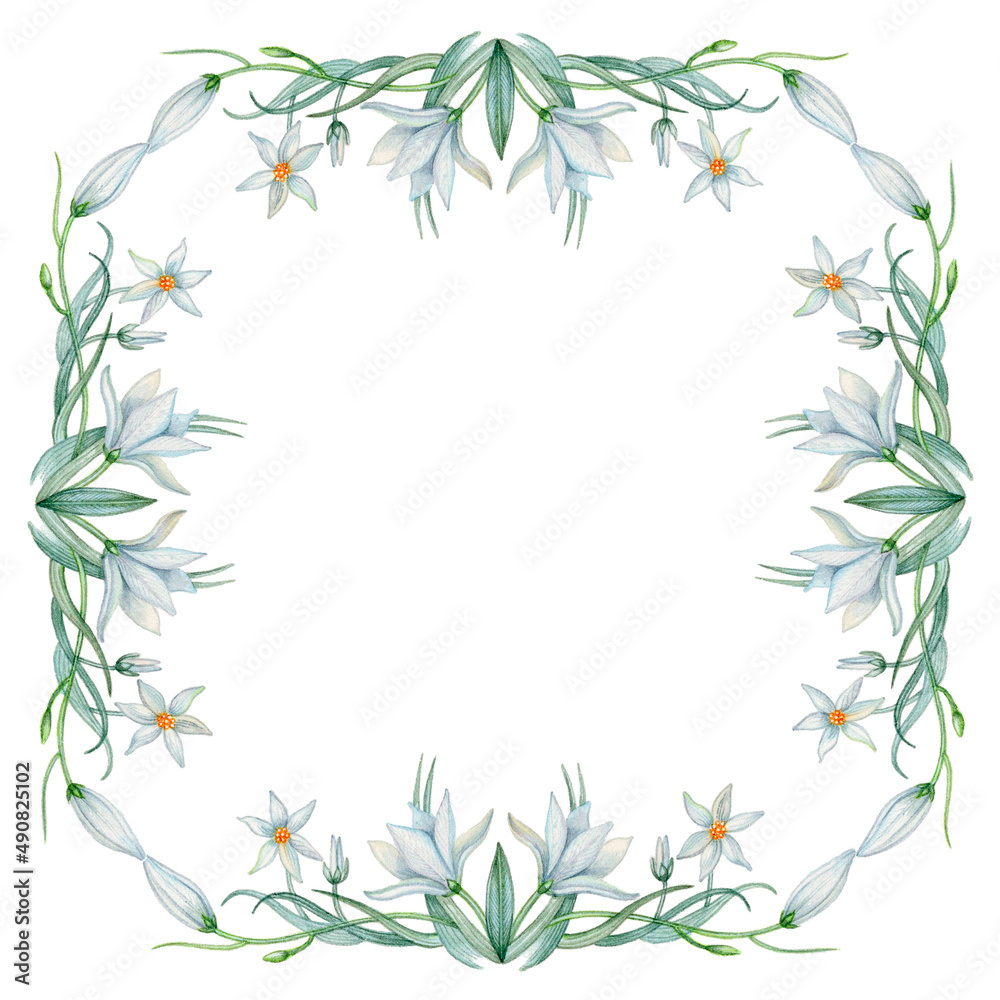 Square frame with white blossom flowers. Hand painted design element. Watercolor clip art for wedding, greeting cards, menu, labels and invitations. Isolated on white.