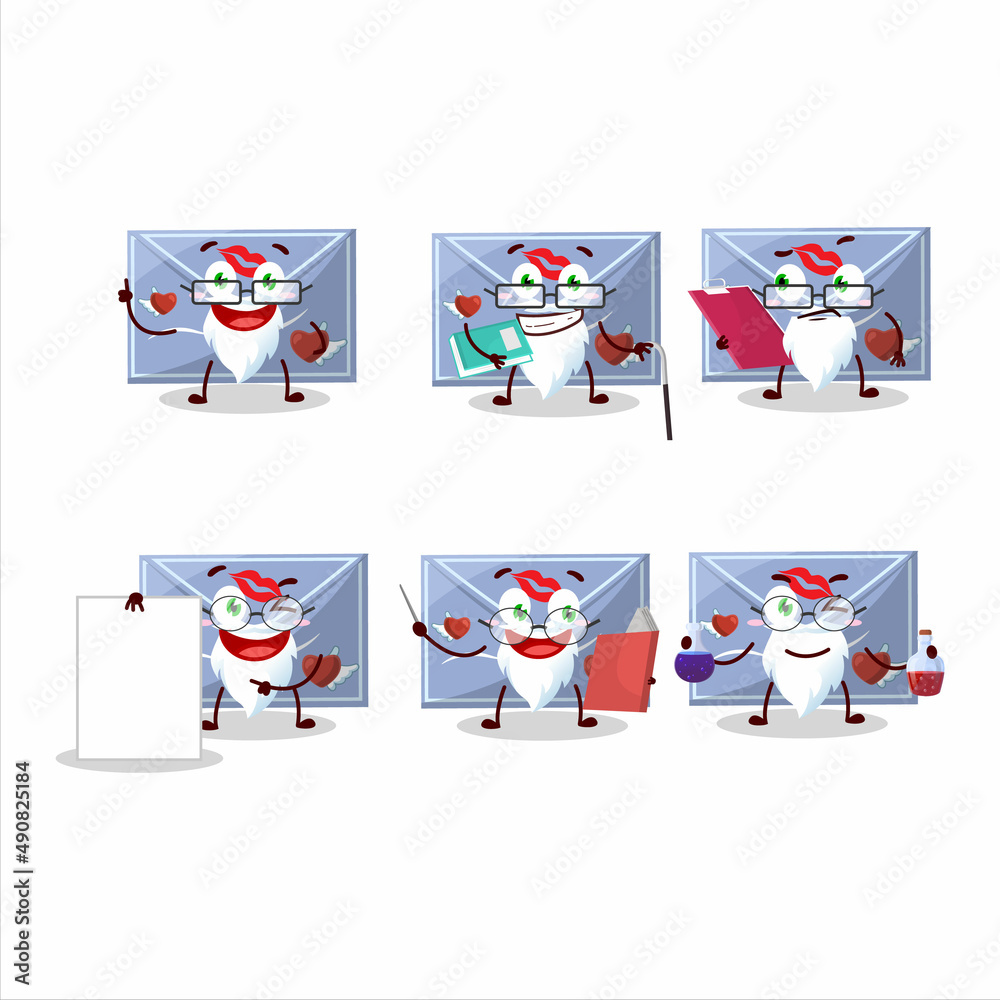 Fototapeta premium Professor blue love envelope academic cartoon character working on laboratory
