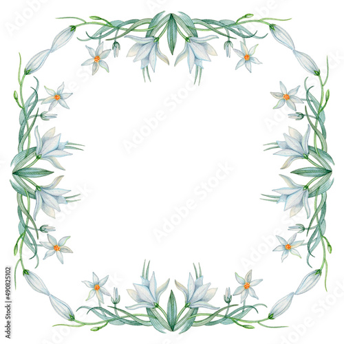 Square frame with white blossom flowers. Hand painted design element. Watercolor clip art for wedding  greeting cards  menu  labels and invitations. Isolated on white.