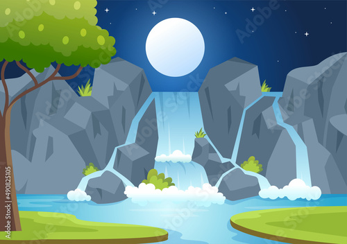 Waterfall Jungle Landscape of Tropical Natural Scenery with Cascade of Rocks, River Streams or Rocky Cliff in Flat Background Vector Illustration