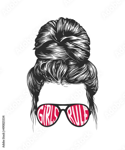 Women messy bun hairstyles wearing Girls rule typographic sunglasses vector line art illustration
