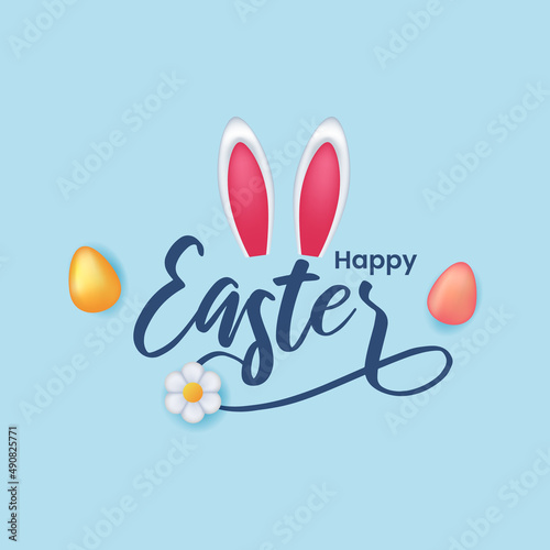 Happy easter lettering with bunny ear and egg flower concept for social media