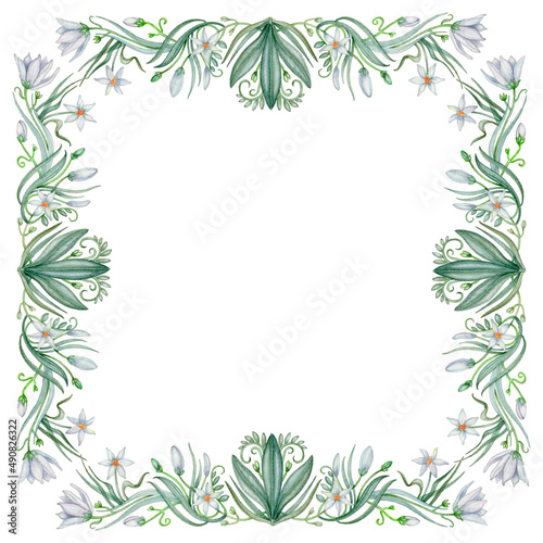 Square botanical frame with white flowers  buds  branches and leaves. Hand drawn watercolor clip art. Perfect for wedding  greeting cards  menu  labels etc.