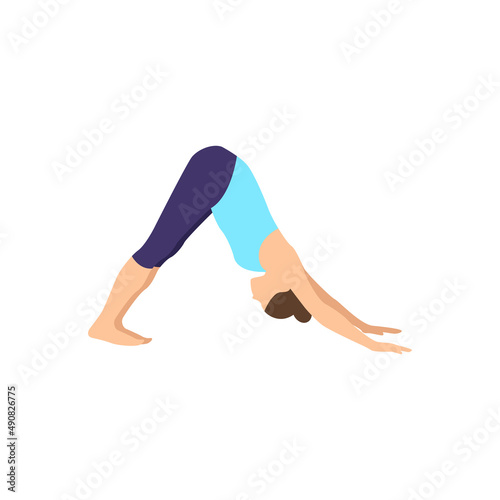 A woman does yoga poses on a white background