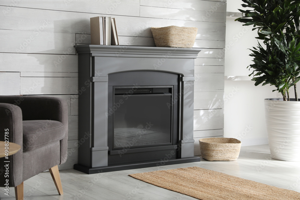 Cozy living room interior with modern electric fireplace