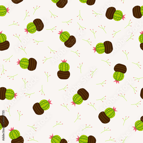 Cute cactus seamless pattern in doodles hand drawn cartoon style. Modern bright repeated texture with green cacti and desert plants for scrapbook, print, wallpaper, wrap gift, card, fabric.