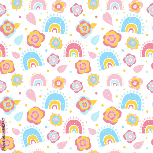 seamless pattern with rainbow and flowers