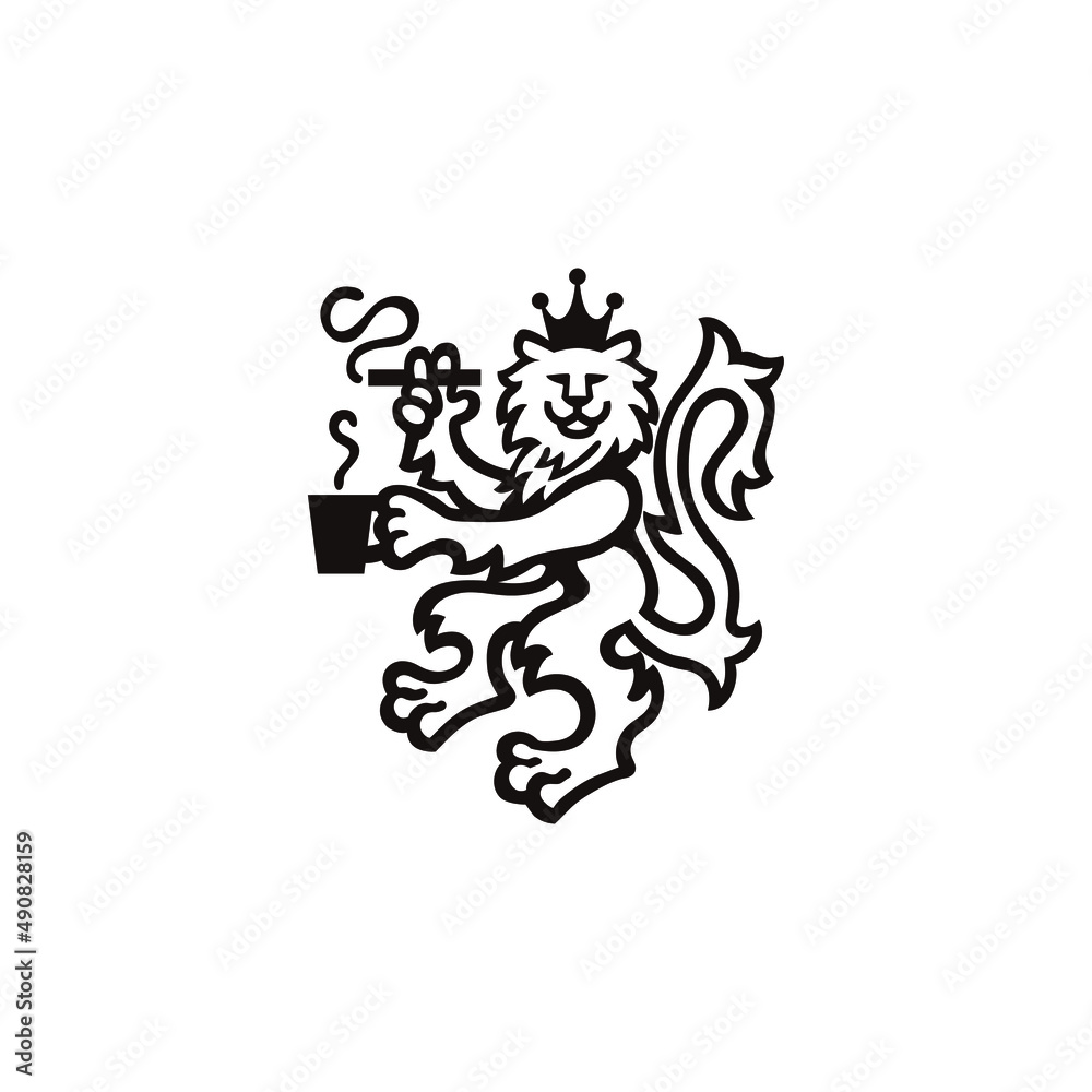 ロゴ、アイコンのためのコーヒーを飲みながらタバコを吸う、ライオンの紋章風のイラスト
