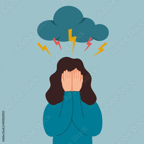 Depression woman crying under thunder and cloud. Sad female in flat design. Unhappy feeling.