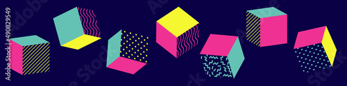 abstract cubic shapes in the style of memphis neon colors