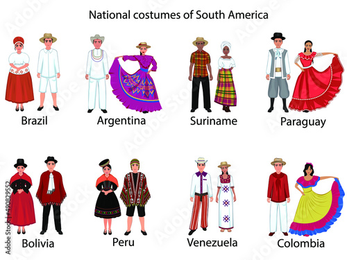 National costumes of South America. Women's and men's folk costumes of Brazil, Argentina, Peru, Venezuela, Paraguay, Uruguay, Suriname, Bolivia, Colombia. Vector illustration