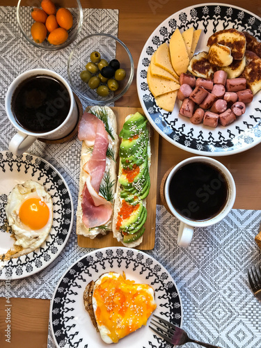 homemade breakfast on the table. healthy eating. breakfast at home. family breakfast.