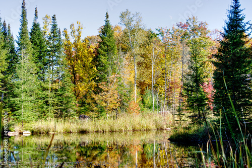 Beautiful landscape with the colors of Fall by the quiet lake and a clear blue sky  HDR rendered photos