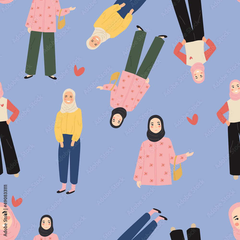seamless pattern group of hijab girl muslim character crowd people in ...