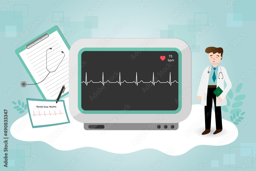 he doctor in gown uniform is standing beside vital sign monitor that show electrocardiogram (EKG ,ECG) normal sinus rhythm and heart rate.Medical healthcare.Vector.Illustration. he doctor in gown uniform is standing beside vital sign monitor that show electrocardiogram (EKG ,ECG) normal sinus rhythm and heart rate.Medical healthcare.Vector.Illustration.