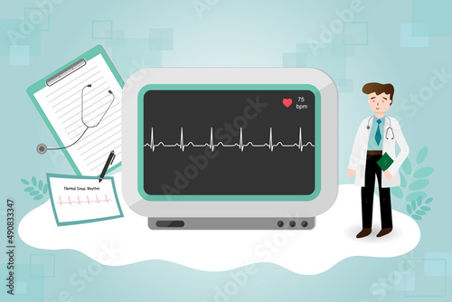 he doctor in gown uniform is standing beside vital sign monitor that show electrocardiogram (EKG ,ECG) normal sinus rhythm and heart rate.Medical healthcare.Vector.Illustration.