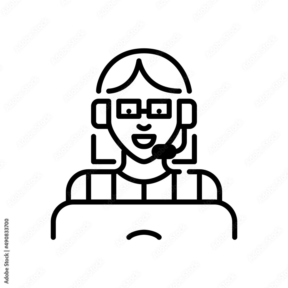 Young girl with bob haircut in glasses working as a call center agent. Speaking in a headset working at laptop. Pixel perfect, editable stroke