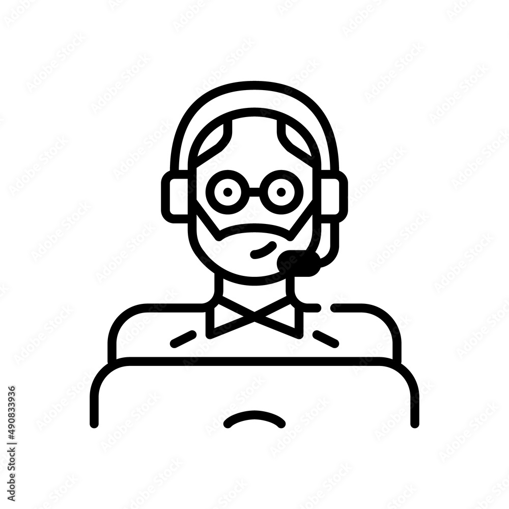 Middle aged man wearing a headset and working as a call center agent at a laptop. Pixel perfect, editable stroke icon 