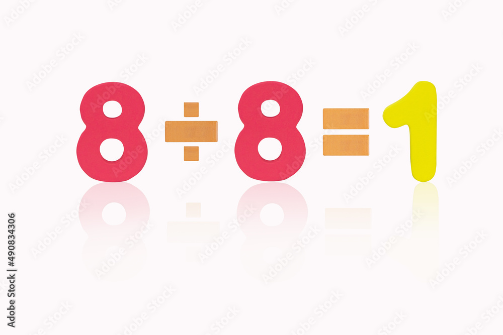 Fototapeta premium TEight divided Eight equals One Isolated on white background. Image of simple math addition operation for kids, Colorful wooden alphabets set sort. 3D illustration or 3D rendering. 