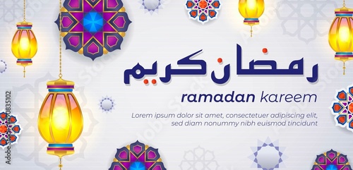 Ramadan Kareem horizontal banners with 3d arabesque stars, lantern and flowers. Vector Illustration for greeting card, poster and voucher. Arabic translation: generous ramadan.
