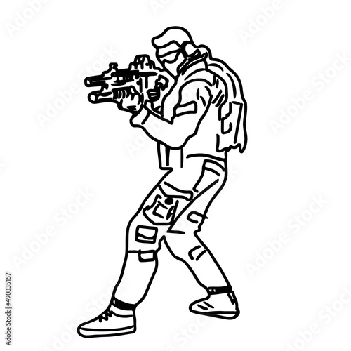line art illustration of soldier with gun, Outline sketch silhouette of soldier