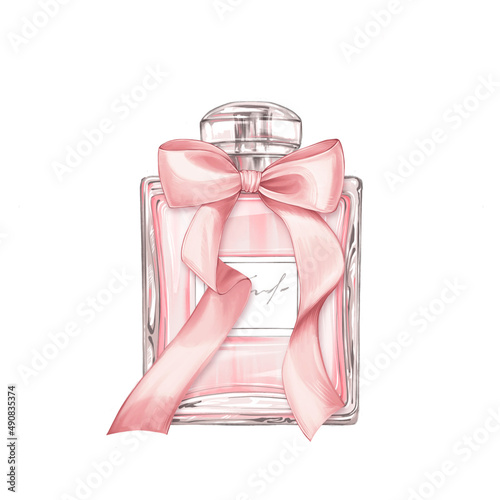 Perfume pink bottle with bow. Illustration on white background