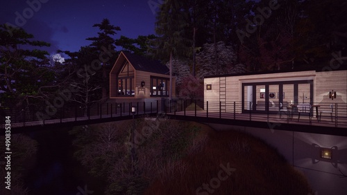 Modern wooden house in the forest above the river night view