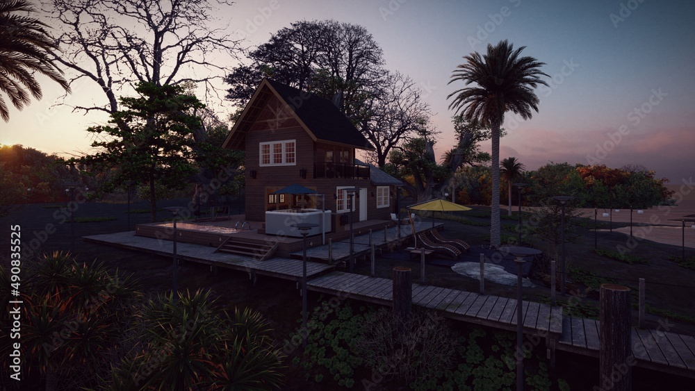 wooden house in with wooden deck falm trees and beach view
wooden house in with wooden deck falm trees and beach view