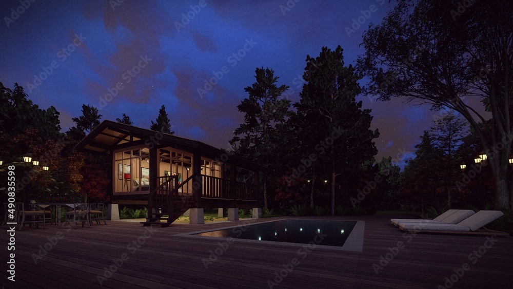 wooden cabin at the night view 3d rendering
