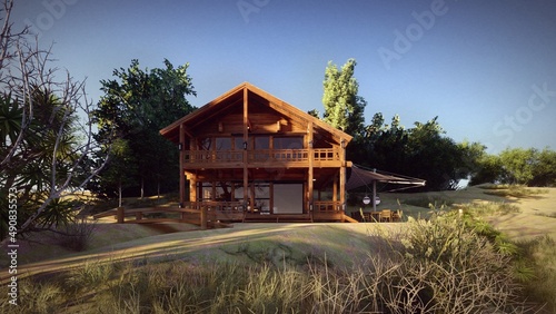 wooden house in the countryside a summer day with  grass and trees on the background of blue sky  wooden house 3d rendering  © Arasye