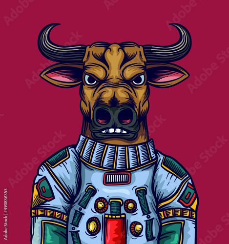 Cute bull astronaut cartoon vector icon illustration close up