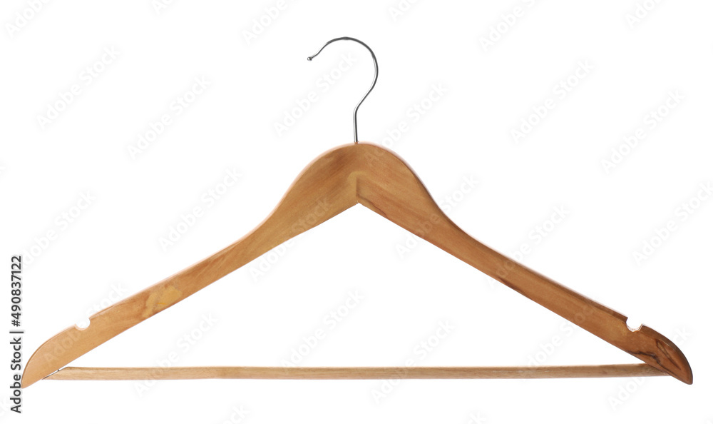 Empty wooden hanger isolated on white. Wardrobe accessory Empty wooden hanger isolated on white. Wardrobe accessory
