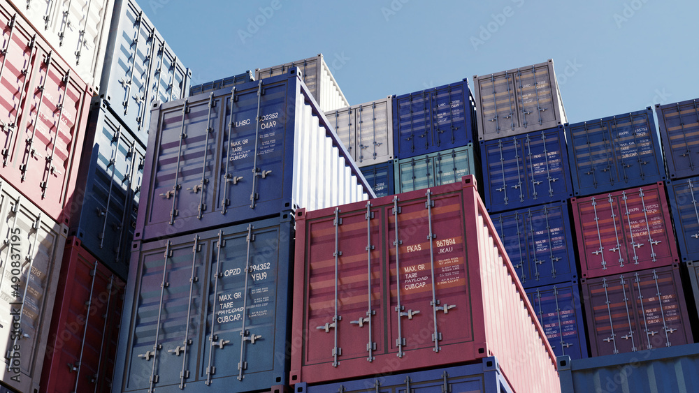 container pile of various color with clear sky, 3drendered image - obrazy, fototapety, plakaty 