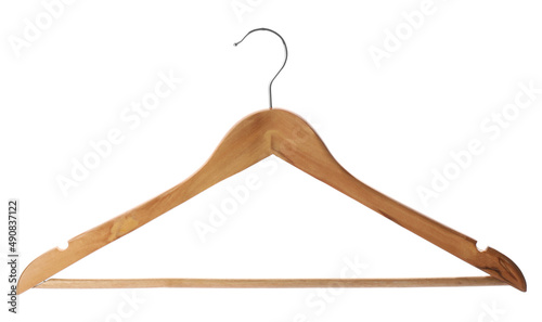 Empty wooden hanger isolated on white. Wardrobe accessory