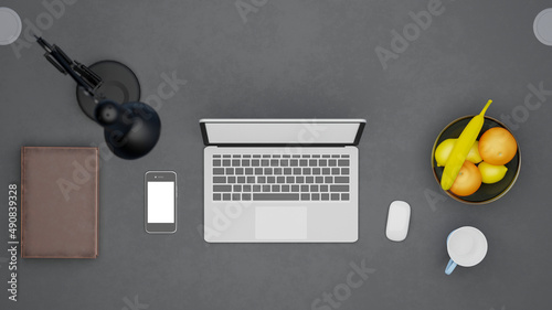 Top view of office workplace with empty laptop and other items. Hipster home workplace. Mock up, 3D Rendering.
