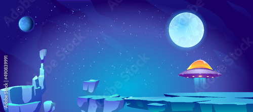 Space background with asteroids  planets and UFO. Vector Illustration.