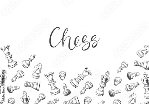 Banner with chess pieces. Background of the intellectual game. Hand-drawn vector illustration for a chess club, tournaments banner, frame, brochure background