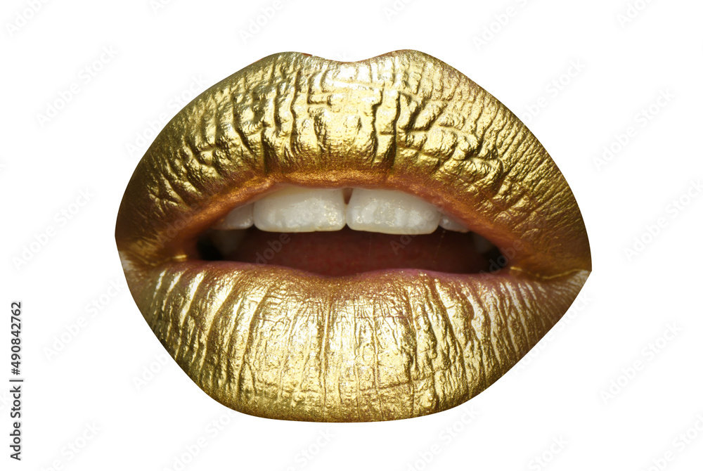 Luxury gold lips make-up. Golden lips with golden lipstick. Gold paint on lips of sexy girl. Sensual woman mouth, isolated background. Luxury gold lips make-up. Golden lips with golden lipstick. Gold paint on lips of sexy girl. Sensual woman mouth, isolated background.