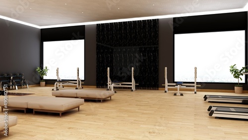 Black blank wall in modern gym interior with wooden floor