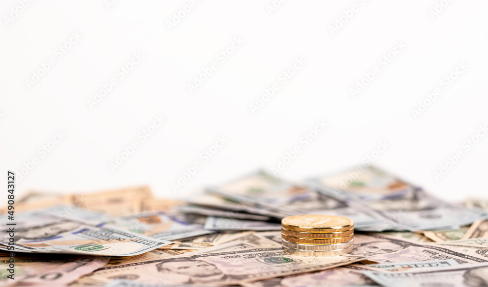 Banner with dollar bills pile and golden coins. Money, financial prosperity concept. Place for text. High quality photo Banner with dollar bills pile and golden coins. Money, financial prosperity concept. Place for text. High quality photo
